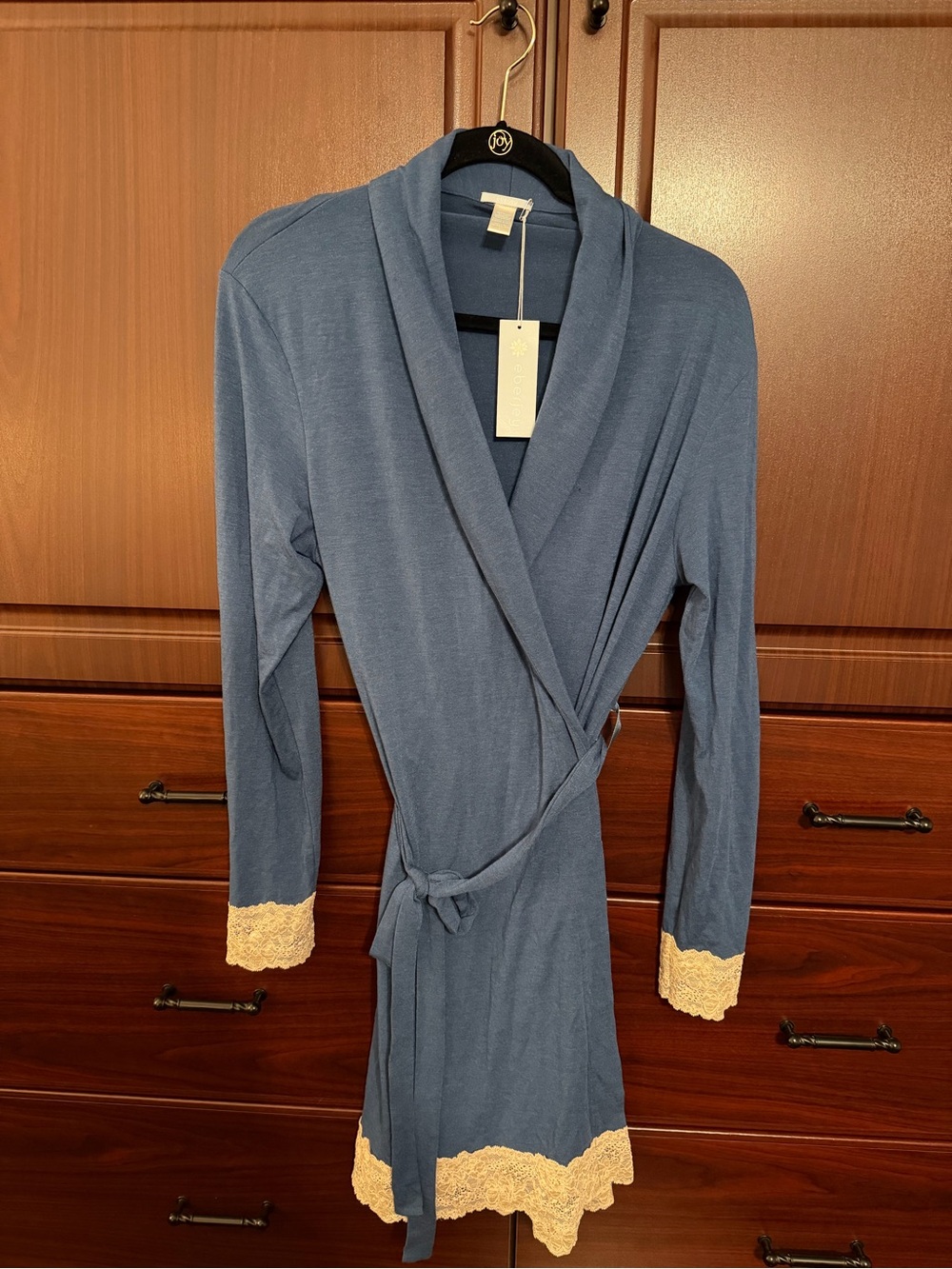 Eberjey Large prima ballerina denim and tan short robe NWT